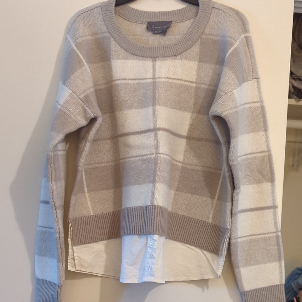 Anthropologie Beige and Cream Plaid Sweater